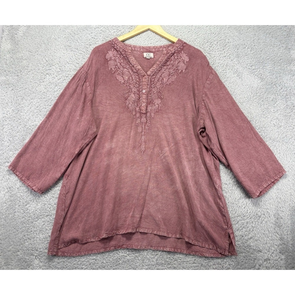 Chic Connection Womens 2X Pink Tonal Floral Embroidered Tunic Top Boho Rayon